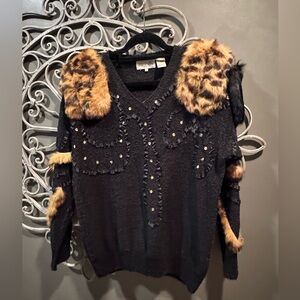 Women’s vintage Eugenia 80’s real fur black sweater embellished Sz L RARE